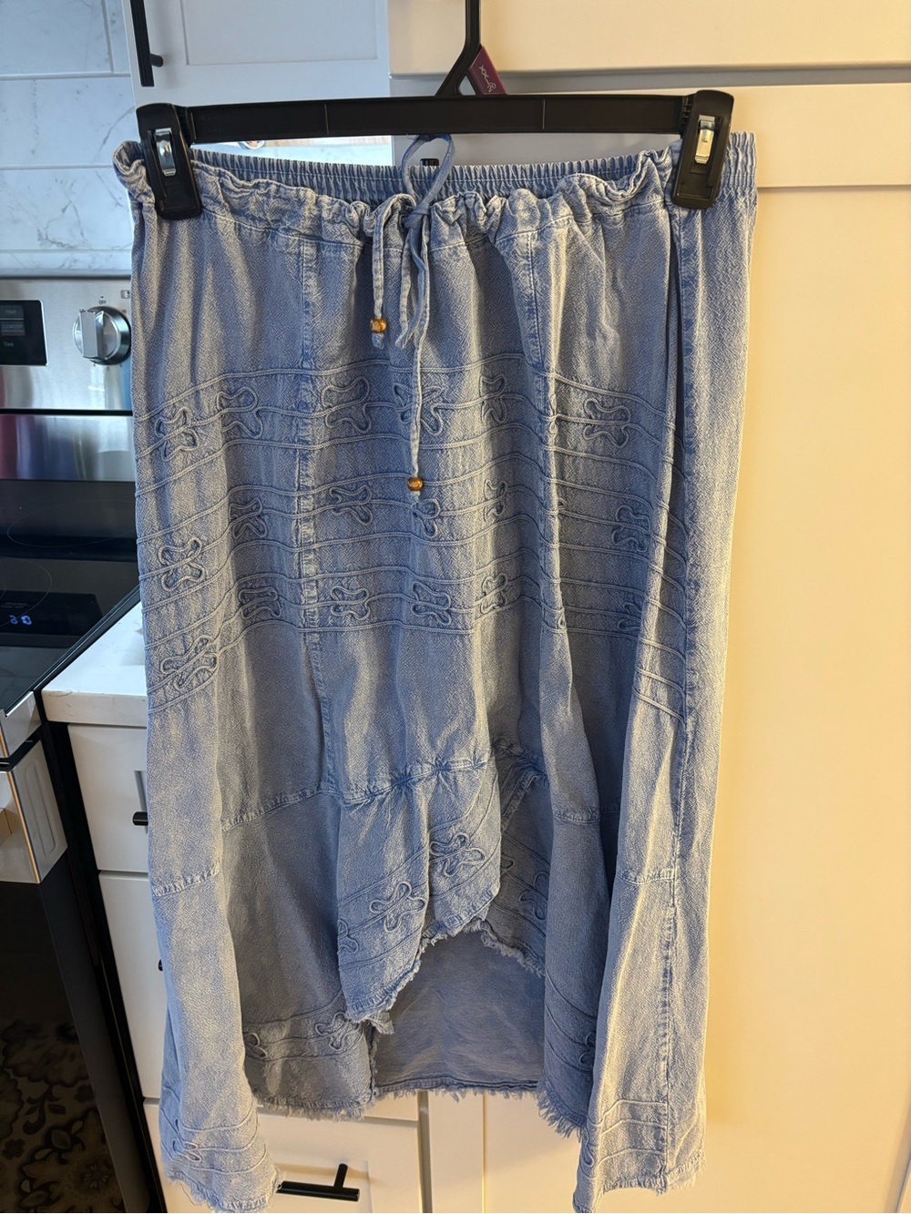 Light Blue Embroidered High-Low Women's Skirt with Drawstring Waist
